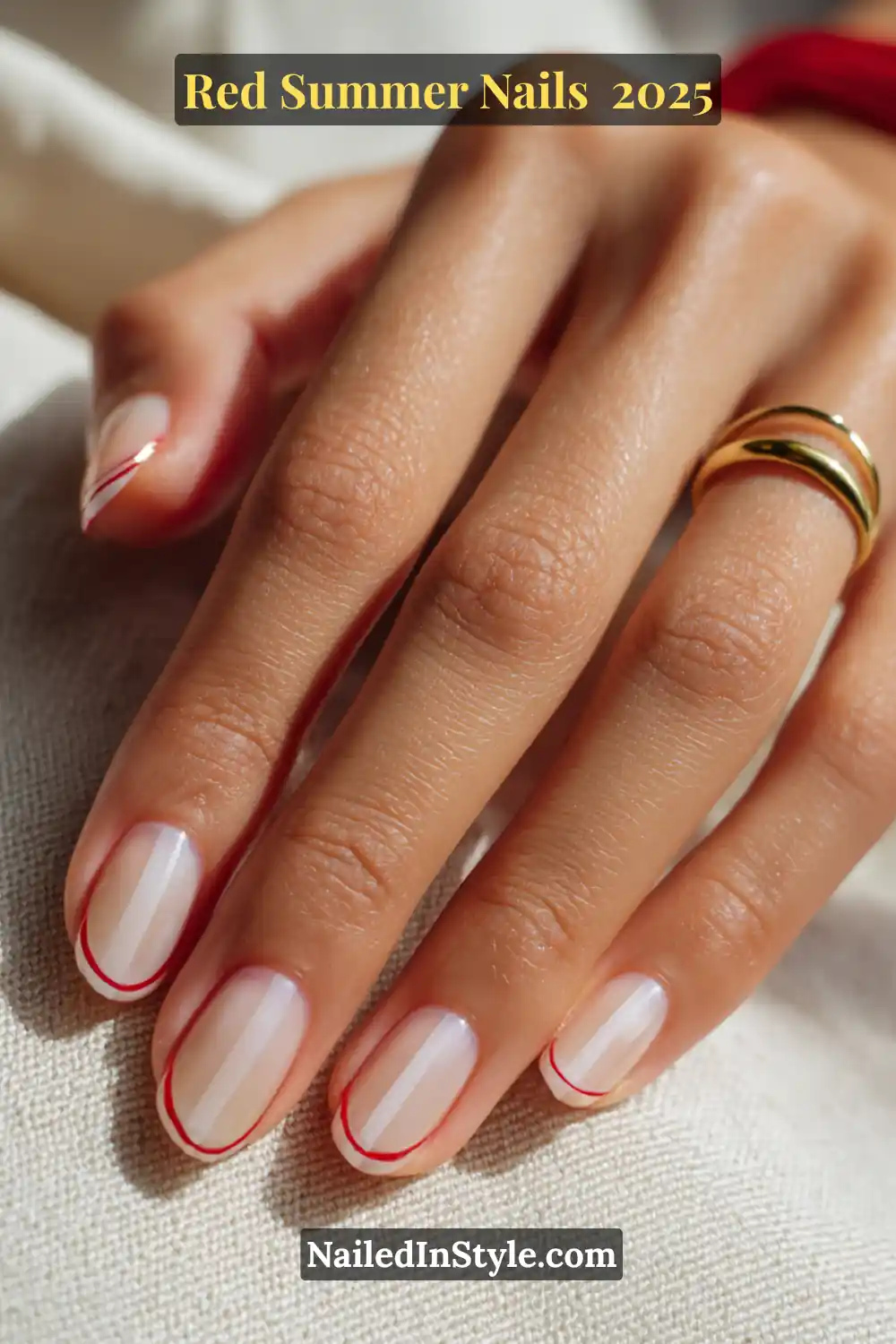 Red Summer Nails 2026: Bold, Fiery & Classic Warm-Weather Looks 18 Minimal red line nail art on natural clear base with short oval tips