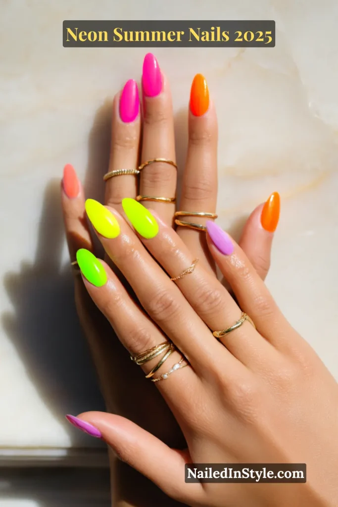Neon Summer Nails Two hands with almond-shaped neon nails in bold summer shades—hot pink, lime green, orange, purple, and coral—styled with stacked gold rings on a marble background.