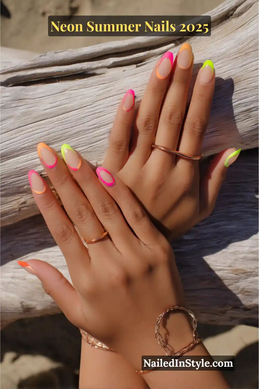 Neon Summer Nails 2026: Bright, Bold & Sun-Soaked Perfection 26 Hands with oval nails featuring neon pink, orange, and lime arcs around the cuticle area on a clear base.