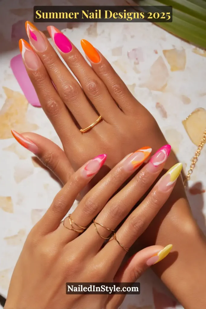 Summer Nail Designs Neon swirl nail art on almond-shaped nails with a natural-toned base, showcasing summer 2025’s top nail trend