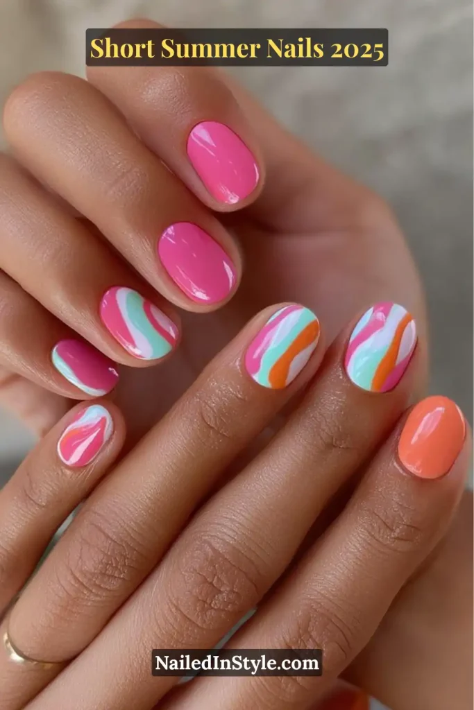 A hand with deep tan skin displays short oval nails painted in vivid shades of pink, orange, mint, and white, with abstract swirl designs for a fun summer vibe.