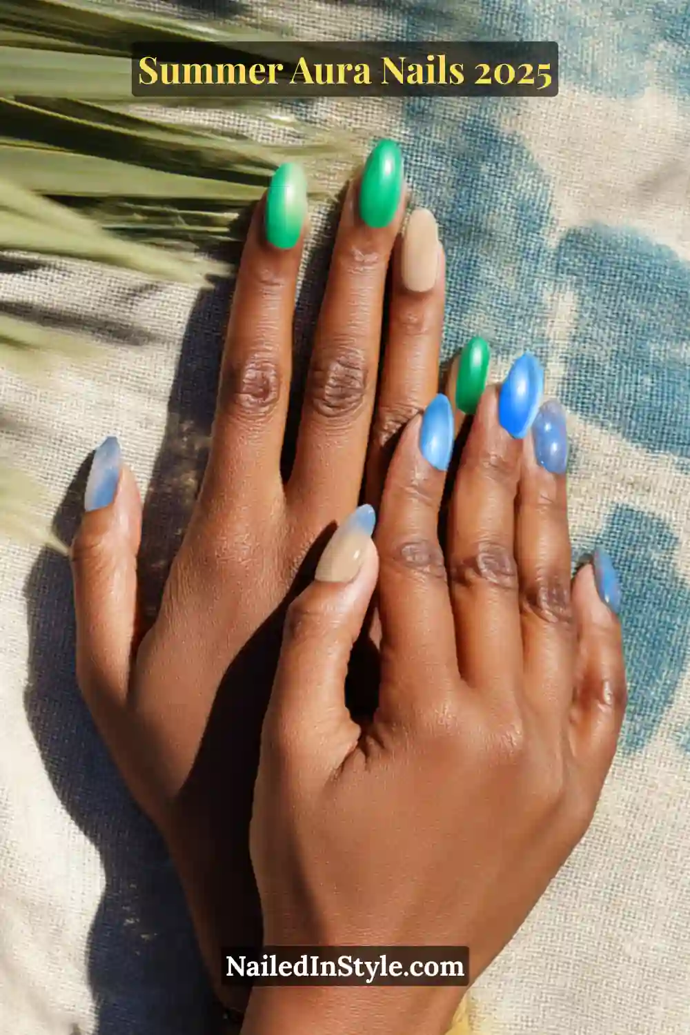 Olive-toned hands with aura nails in emerald, nude, cobalt blue, and lime green—perfect 2025 summer nail combo