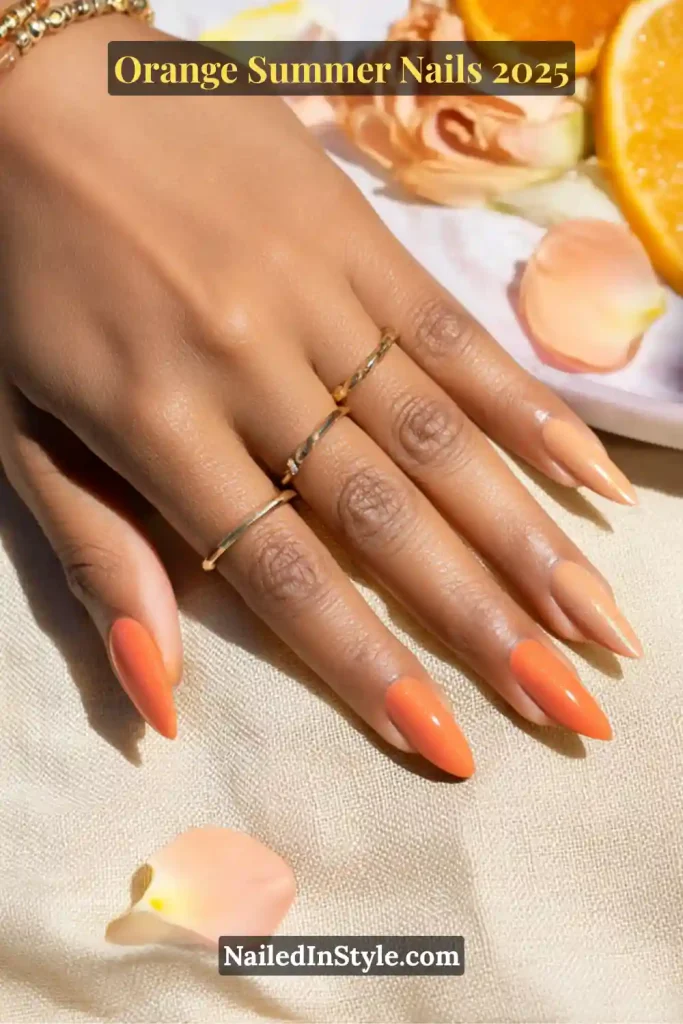Orange Summer Nails Hand with almond-shaped nails featuring a vibrant orange ombre manicure, styled with gold rings and surrounded by orange slices and petals.