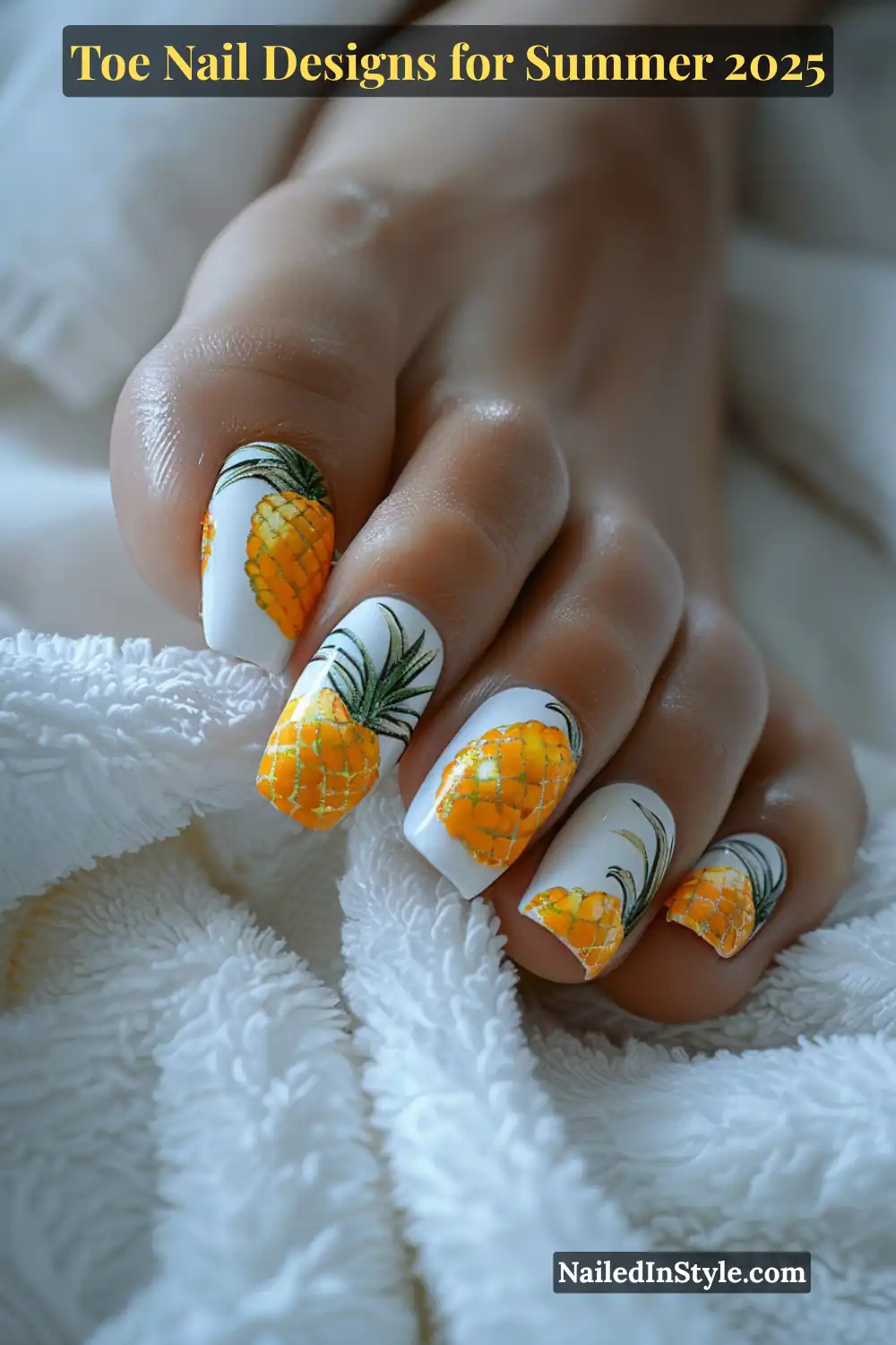 Toe Nail Designs for Summer 2026: Fresh Looks for Every Step 18 Close-up of toes with white base polish and bright yellow pineapple designs, resting on soft white terry fabric