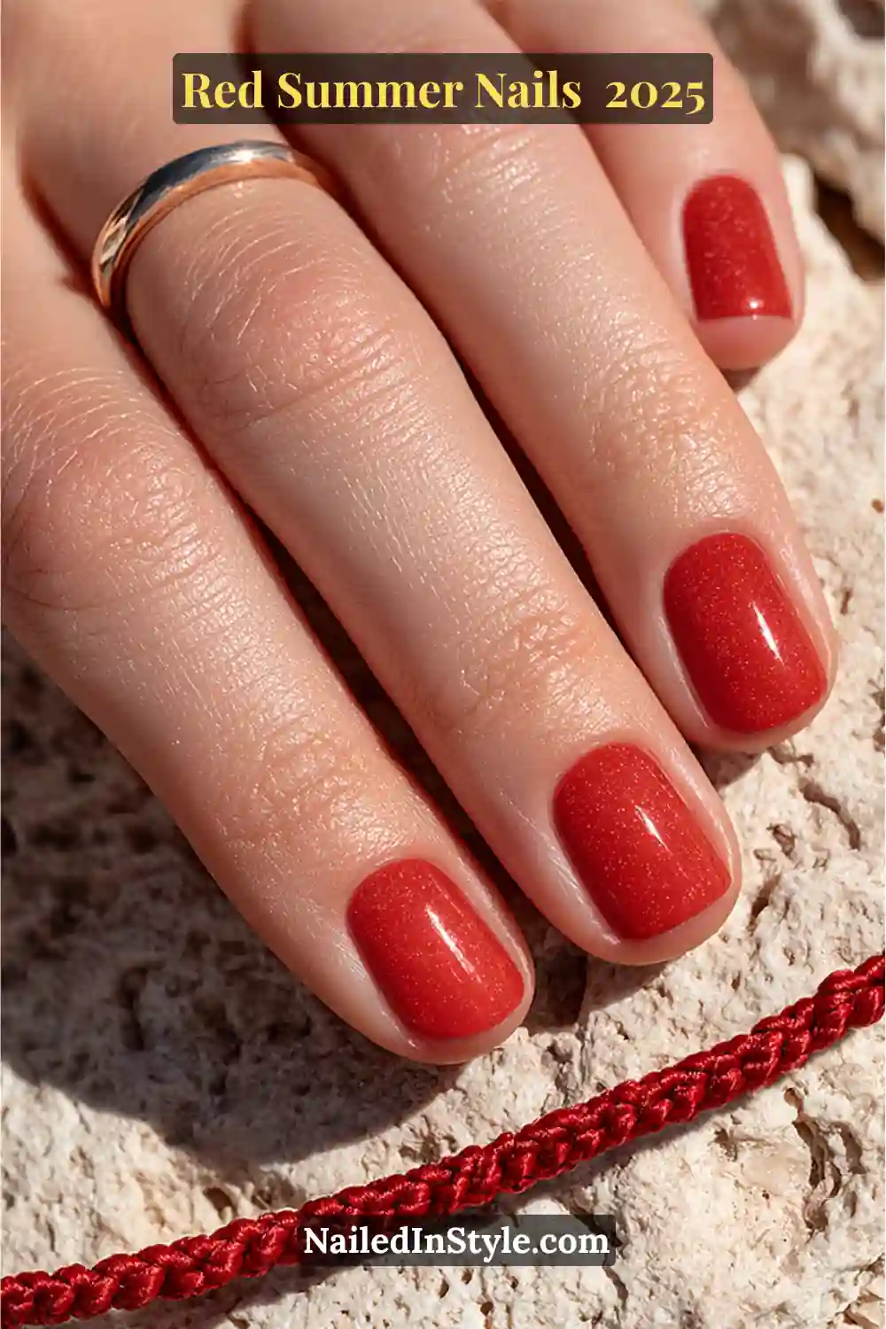 Red Summer Nails 2026: Bold, Fiery & Classic Warm-Weather Looks 2 Close-up of fair-skinned hand with glossy red nails in soft cherry and coral tones