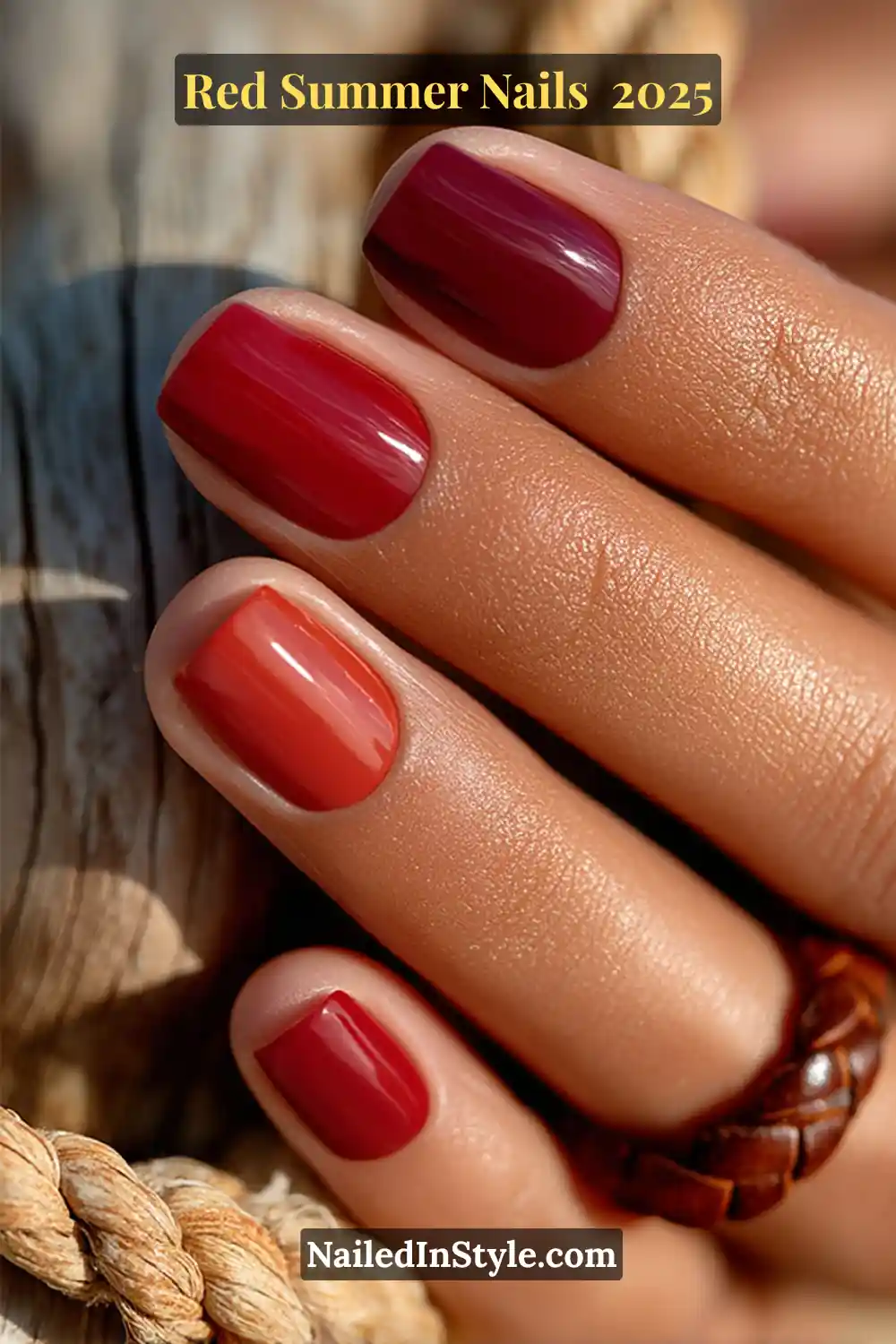Red Summer Nails 2026: Bold, Fiery & Classic Warm-Weather Looks 4 Close-up of olive skin hand with summer red nails in rusty red, brick, and blood orange polish