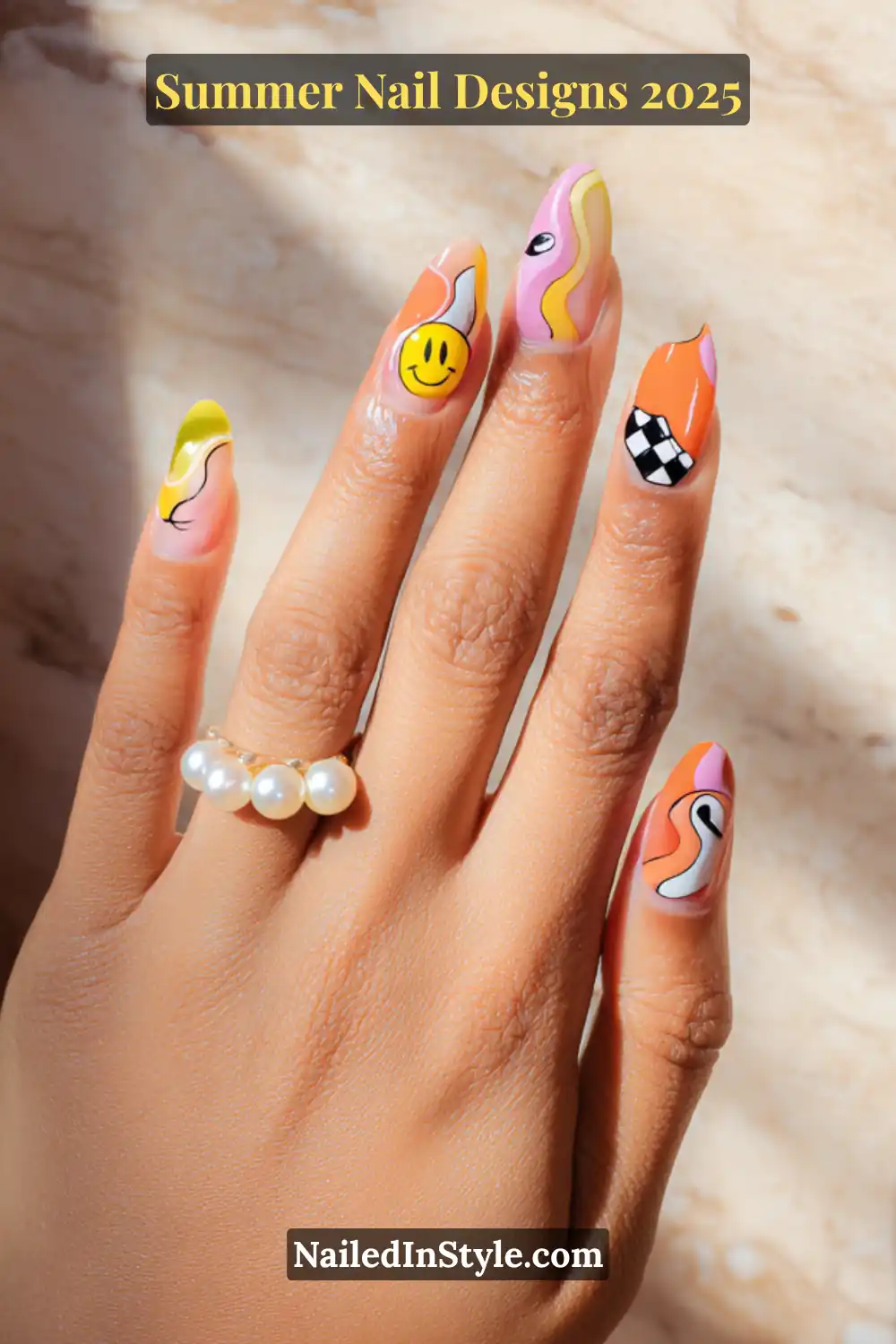 Retro-inspired summer nail art featuring swirls, smiley faces, checkerboard accents, and bold abstract lines on a natural-toned base