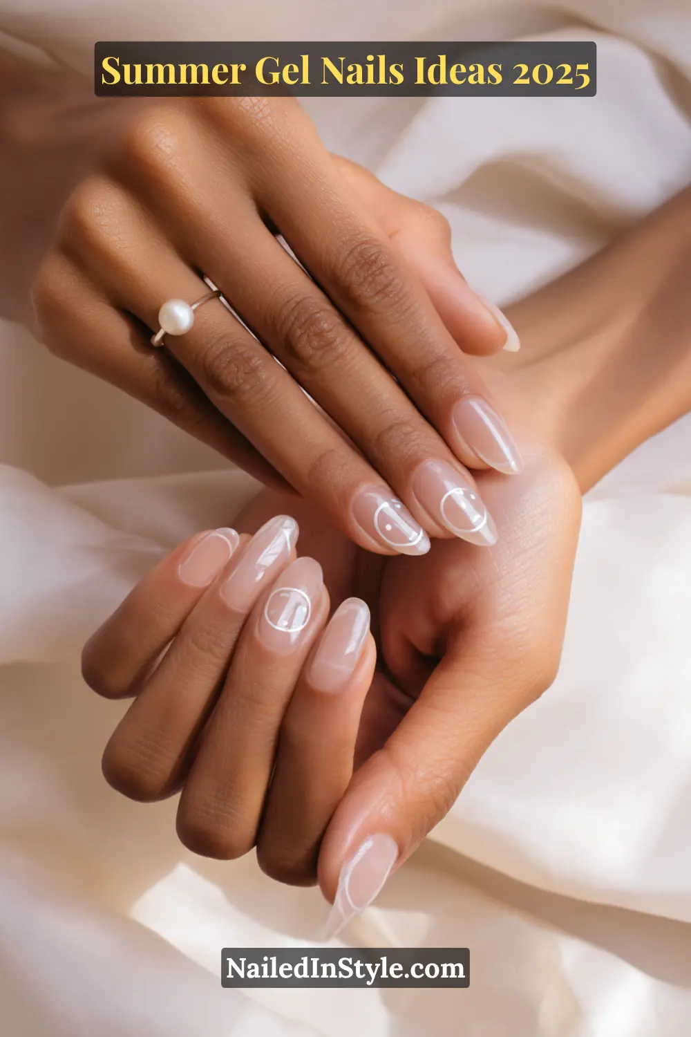 Summer Gel Nails Ideas 2026 17 Minimalist summer gel nails with translucent base and white chrome smiley face accents on natural almond-shaped nails.