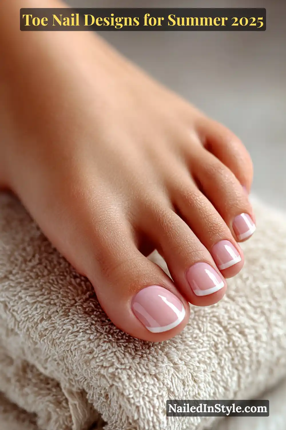 Toe Nail Designs for Summer 2026: Fresh Looks for Every Step 23 Natural close-up of a female foot with short square toenails in soft pink and white French tips, resting on a beige towel