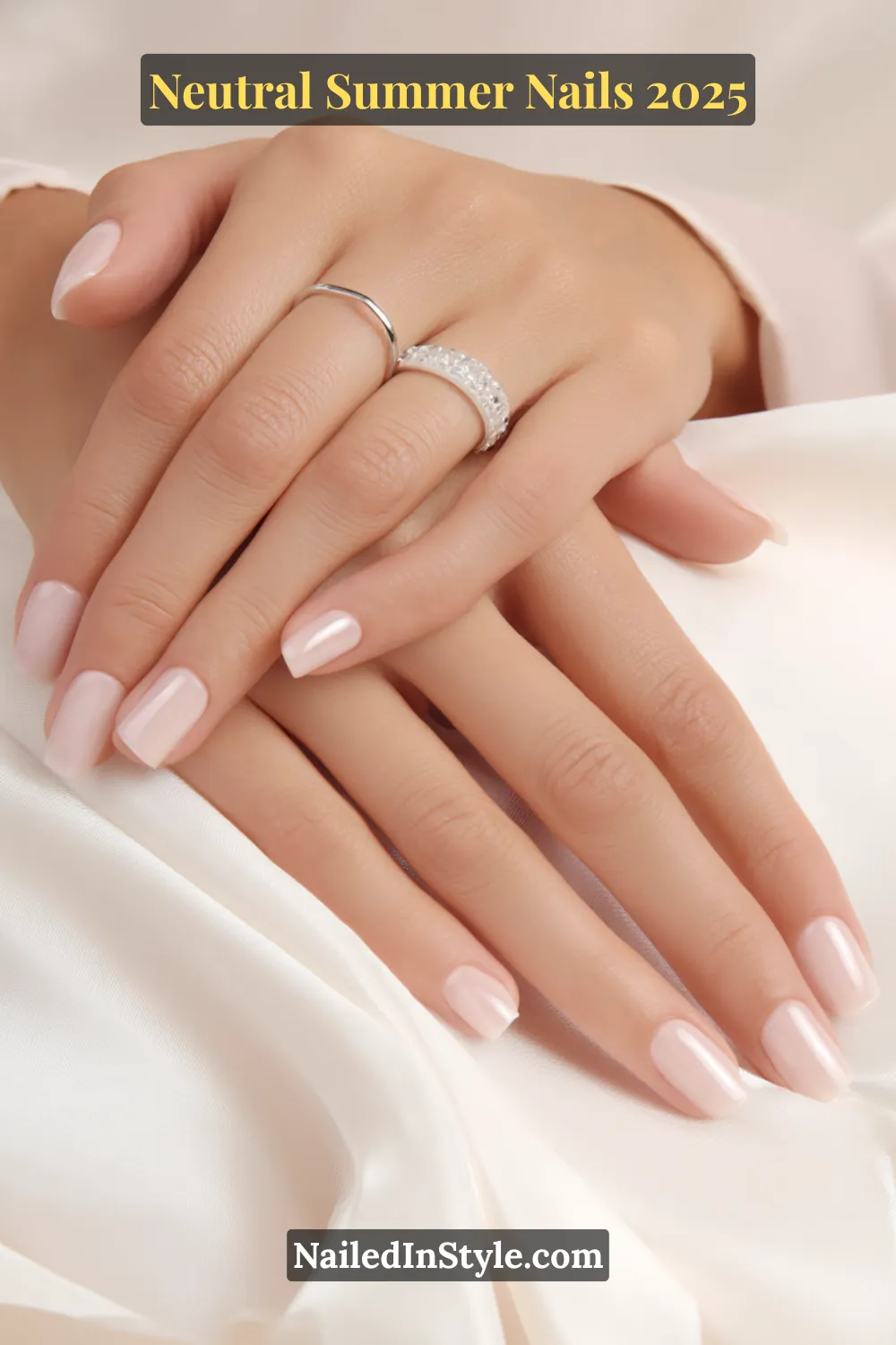 Neutral Summer Nails 2026: Clean, Chic & Warm-Weather Ready 8 Hands with short square-shaped nails featuring a soft pink sheer overlay, enhanced by dainty silver rings on a silky ivory background.