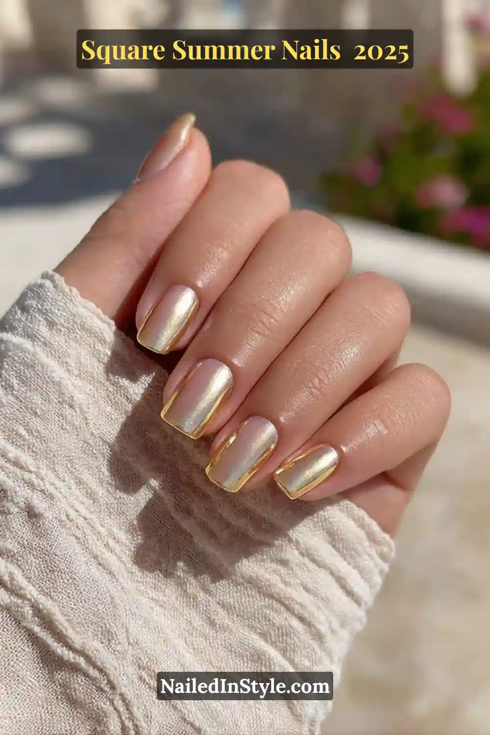 Close-up of hand with square-shaped nails painted in a reflective nude-to-gold chrome polish, outlined with fine gold detailing