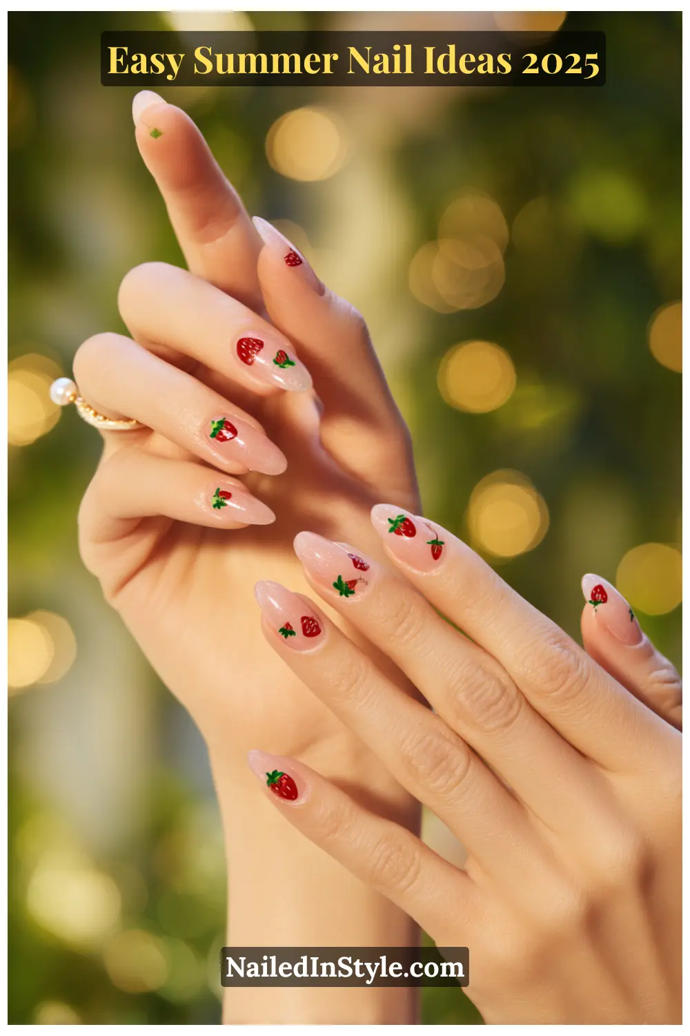 Easy Summer Nail Ideas 2026 That Look Gorgeous with Minimal Effort 21 Two hands with almond-shaped nails on a pink sheer base, each nail decorated with miniature strawberry illustrations; whimsical garden light background.