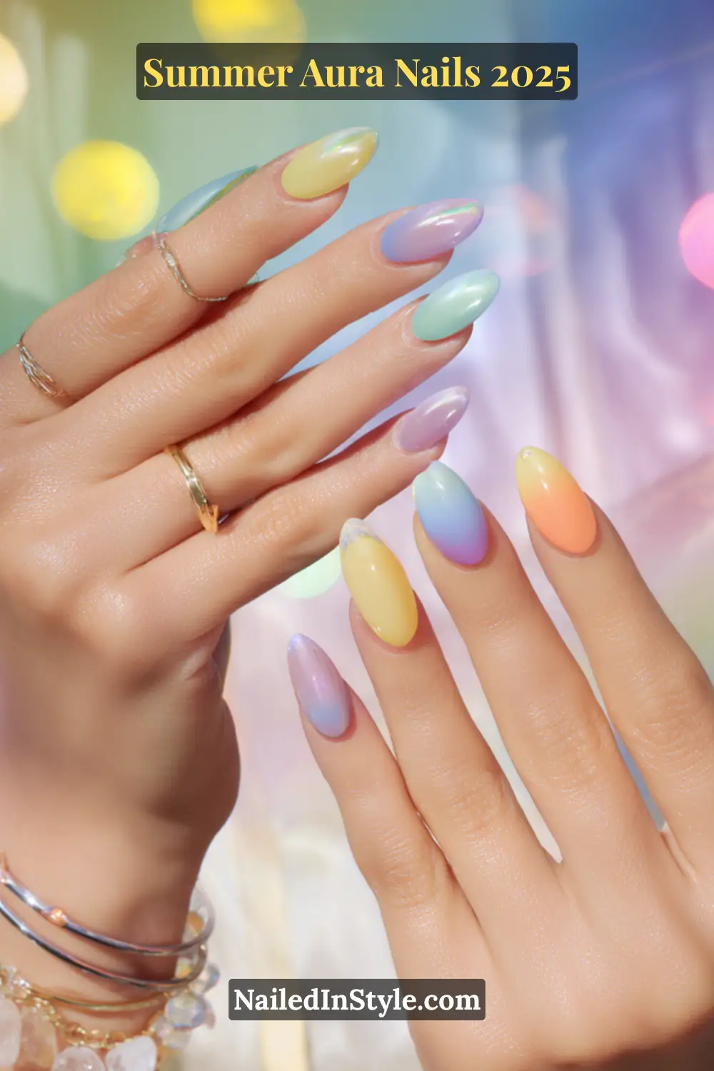 Summer Aura Nails Hands with long oval nails in pastel aura designs with yellow, purple, green, and blue tones, soft light background