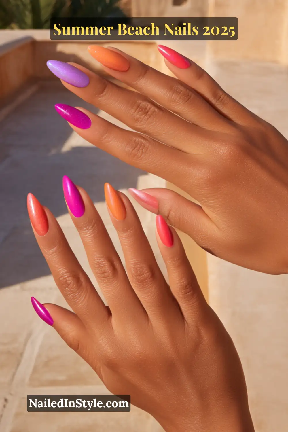Summer Beach Nails 2026: Tropical, Trendy & Totally You 10 Tan skin tone hands with long glossy nails in fuchsia, orange, and lavender ombré with a holographic shimmer finish