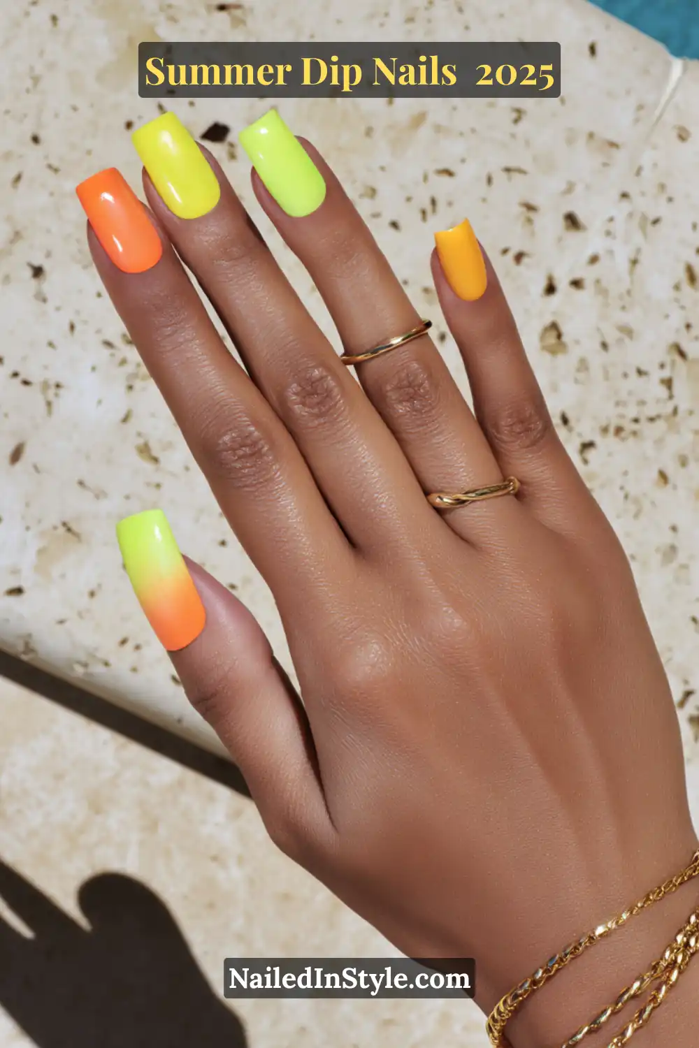 Neon citrus-colored dip nails in orange, lemon-lime, and yellow shades on square-shaped nails.