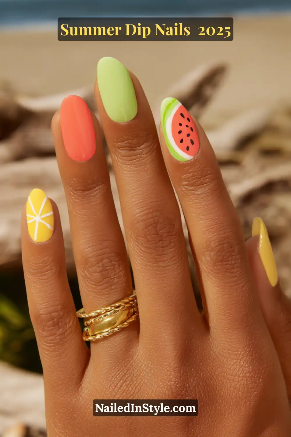 Colorful summer nails with citrus and watermelon fruit art accents on a matte almond-shaped manicure.