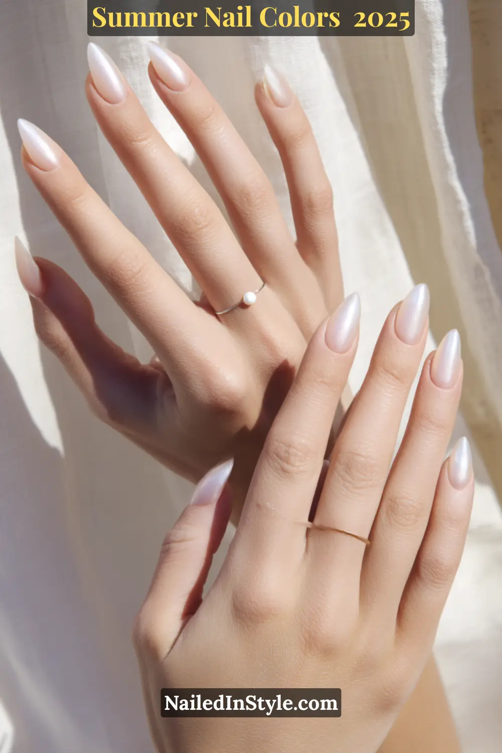 Hottest Summer Nail Colors 2026: Bold, Breezy & On-Trend 2 Glazed donut nails in sheer pink and pearly chrome on almond-shaped tips.