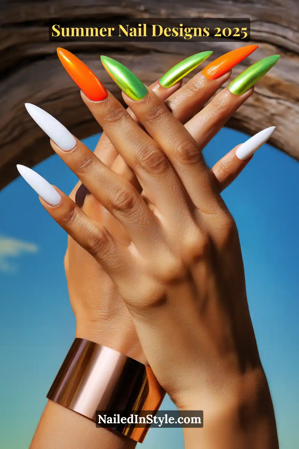 Tan-skinned hands with summer nails in white, neon orange, and metallic green under a blue sky