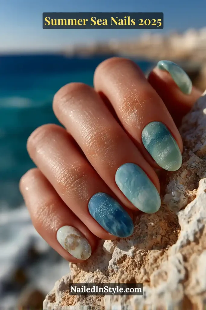 Close-up of ocean-inspired summer nails with blue and aqua marble patterns and seashell textures