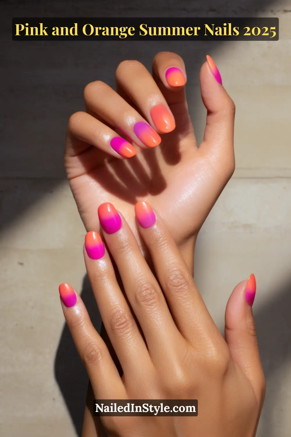 Pink and Orange Summer Nails 2026: Sunset Tips, Endless Vibes 7 Hands with short rounded nails featuring diagonal ombré blends of pink, orange, and purple, posed in soft overlap under direct light on medium-toned skin.