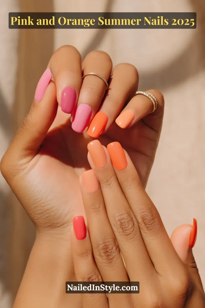 Hand with medium-length square nails painted in glossy shades of pink and orange, posed in a soft arch with gold rings against a neutral background.