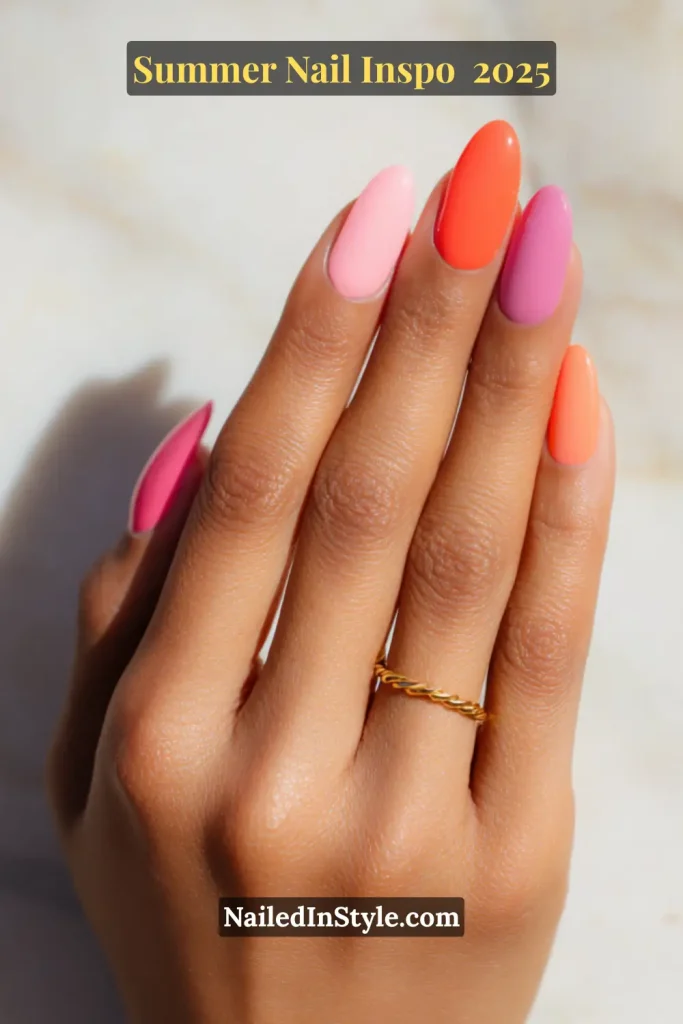 Close-up of a hand with glossy almond-shaped nails in pink, orange, and purple shades, featuring a gradient mix of bright summer colors.