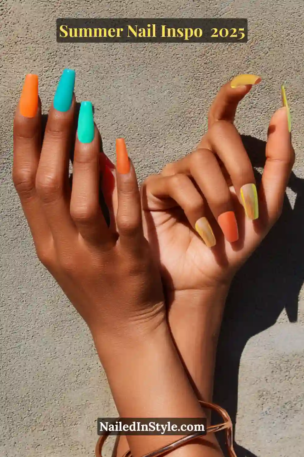 Close-up of two hands with long square nails featuring vibrant tangerine, teal, and yellow chrome finishes on an olive skin tone.