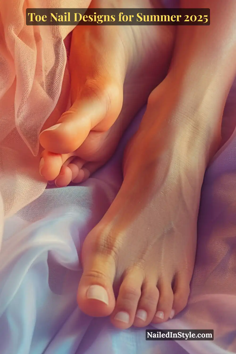 Toe Nail Designs for Summer 2026: Fresh Looks for Every Step 6 Two softly lit female feet with natural glossy toenails resting on pastel chiffon, capturing a dreamy summer vibe
