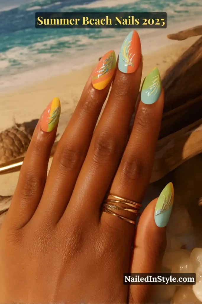 Close-up of tropical beach-inspired nail art in yellow, coral, blue, and green with palm leaf accents on a Black woman’s hand, Summer 2025 style