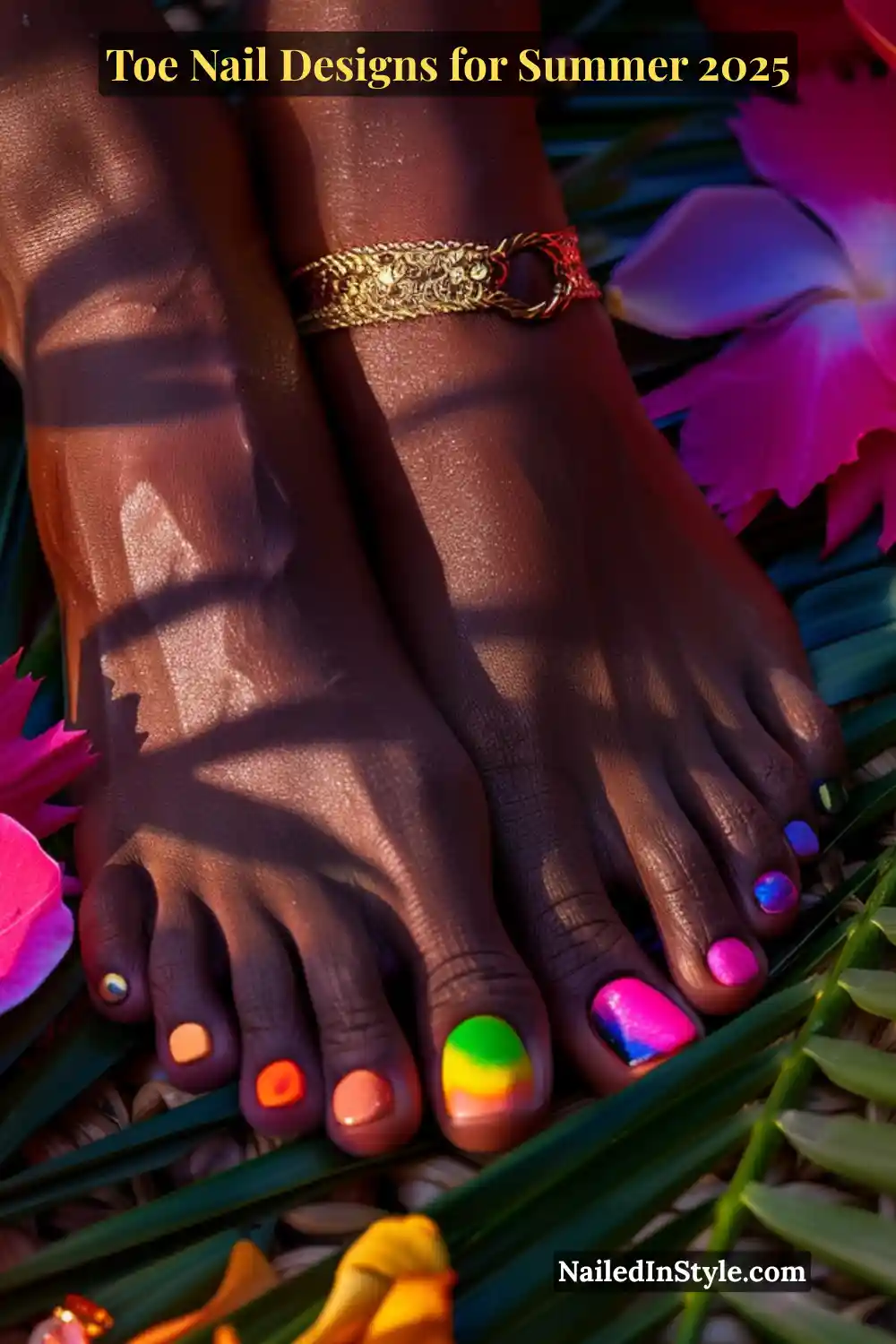 Toe Nail Designs for Summer 2026: Fresh Looks for Every Step 11 Deep-toned feet with multi-colored tropical-themed toenail art, gold anklet, and lush floral background