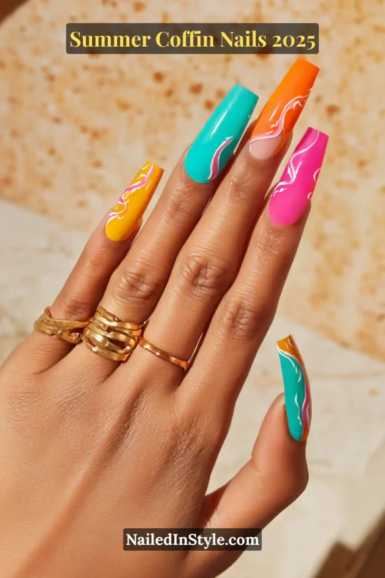 Summer Coffin Nails 2025: Olive-toned hand with teal, orange, and neon pink coffin nails featuring white and pink swirl detailing, against a stone background.