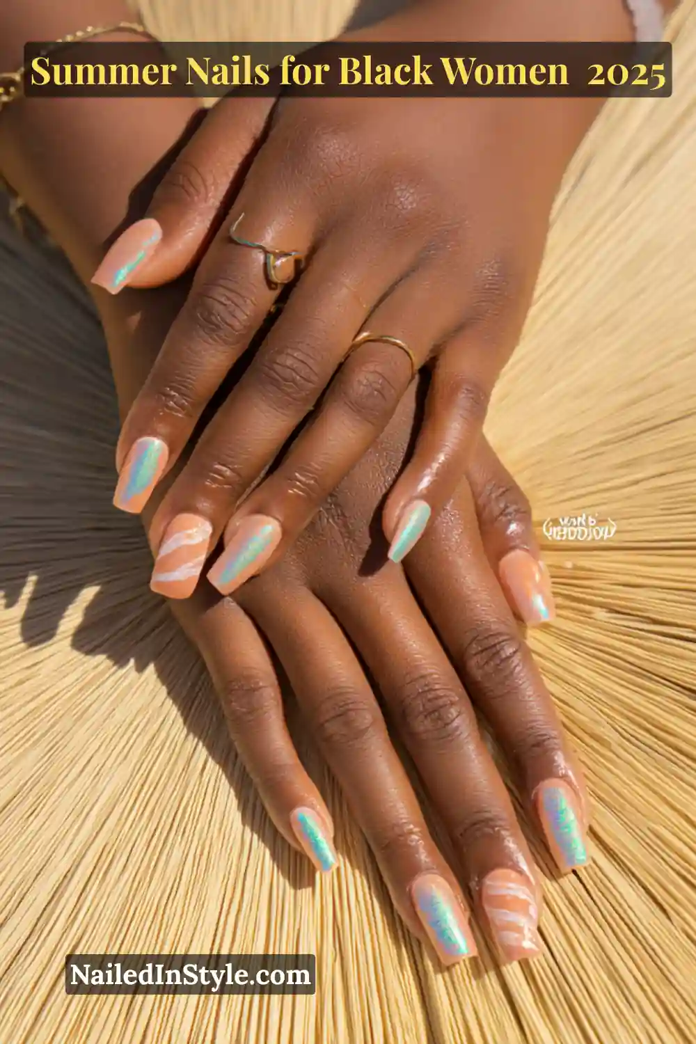 Close-up of a Black woman’s hands featuring long square nails with peach base, turquoise shimmer, and rose gold swirls—displayed on a woven straw mat in bright summer sunlight.