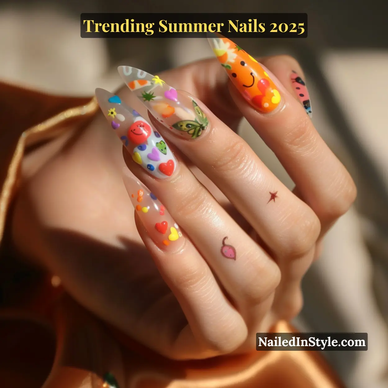Colorful long nails with Y2K-inspired cartoon stickers, smiley faces, hearts, butterflies, and bold neon doodles on a translucent base.