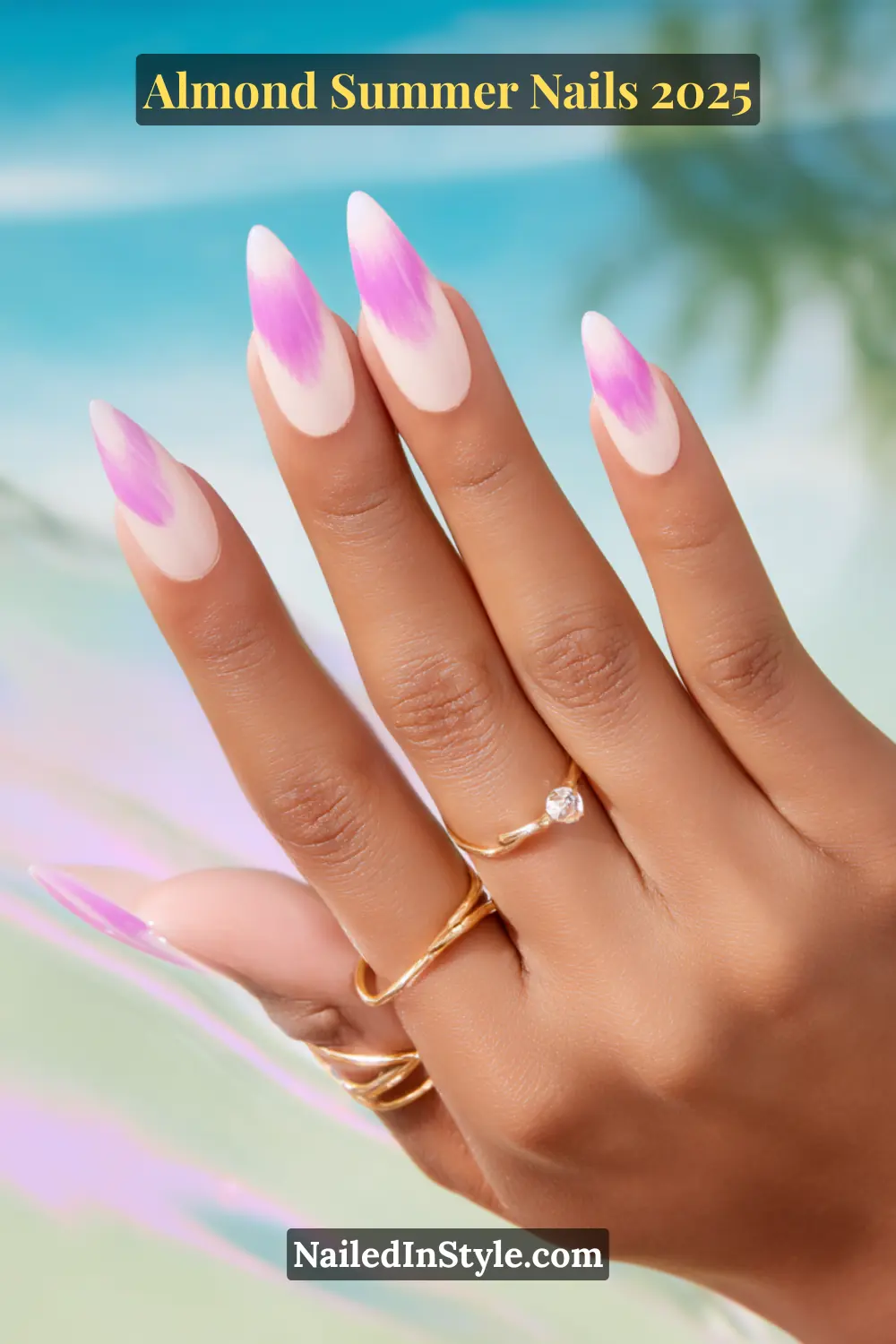 Almond Summer Nails 2025: Sleek, Stylish & Seriously Stunning 20 Hand with almond-shaped nails featuring a soft white base and vibrant magenta aura effect at the tips, creating a glowing ombré look