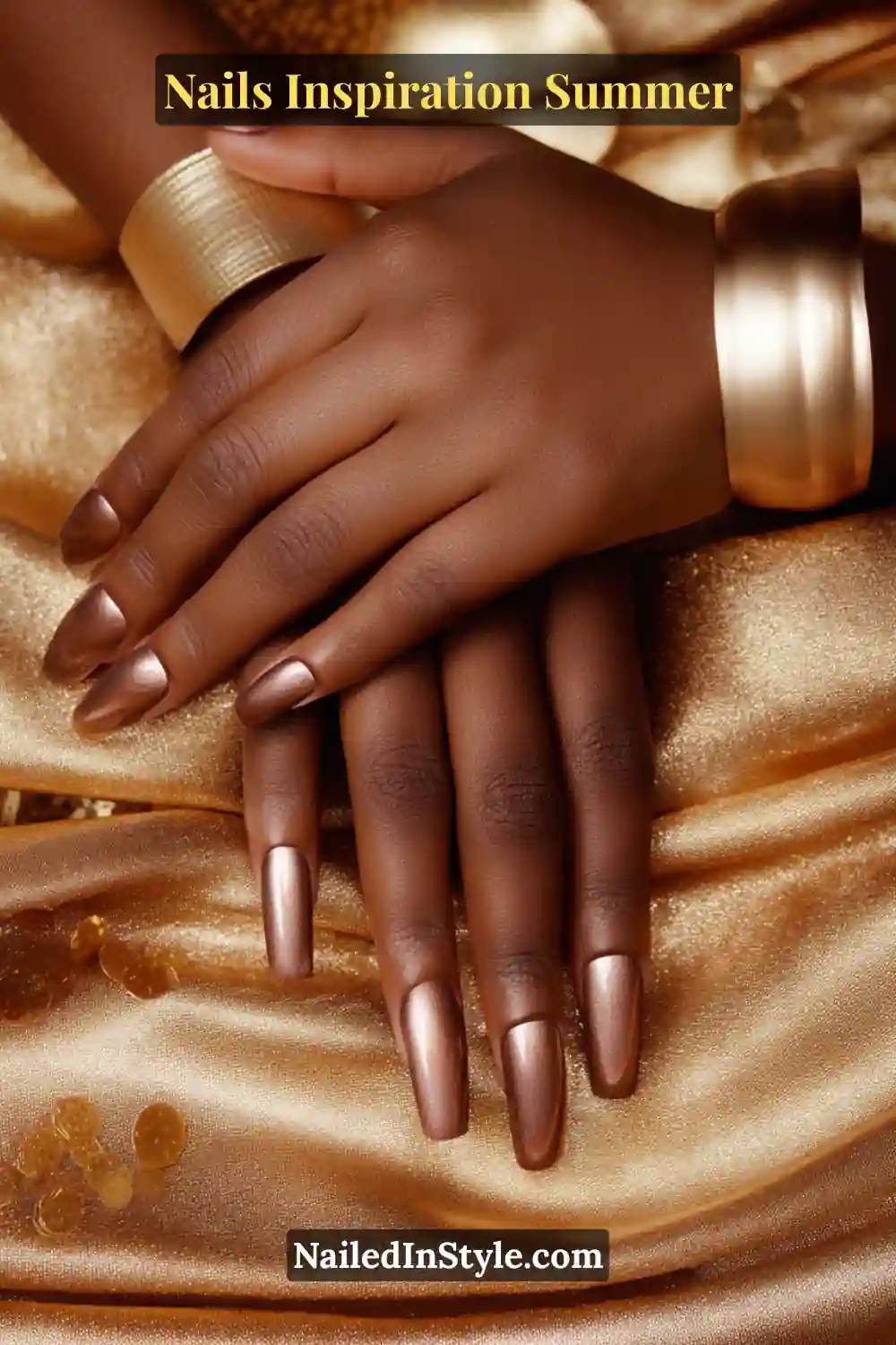 Nails Inspiration Summer 2025: Fresh Trends & Chic Ideas 21 Close-up of coffin-shaped nails in a metallic bronze chrome finish with a glossy coat, glowing against deep skin tones for a radiant summer look.