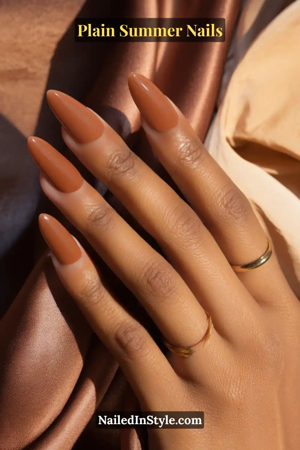 Plain Summer Nails 2025: Simple & Timeless Beauty 21 Close-up of bronzed nude nails with a glossy warm finish, adding subtle glam while keeping a plain summer manicure look.