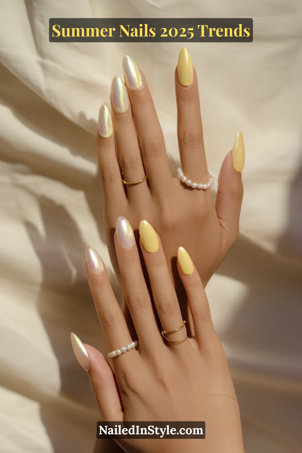 Almond nails with alternating butter yellow polish and pearl chrome finish
