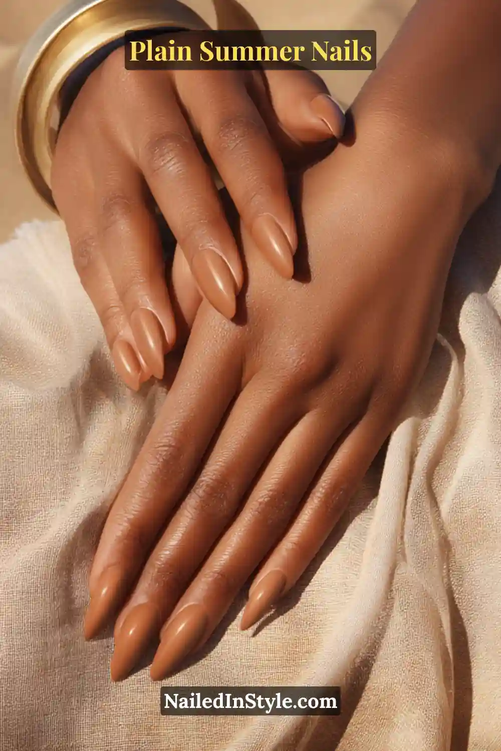 Plain Summer Nails 2025: Simple & Timeless Beauty 16 Hands with caramel tan glossy nails, perfect for sun-kissed summer skin.