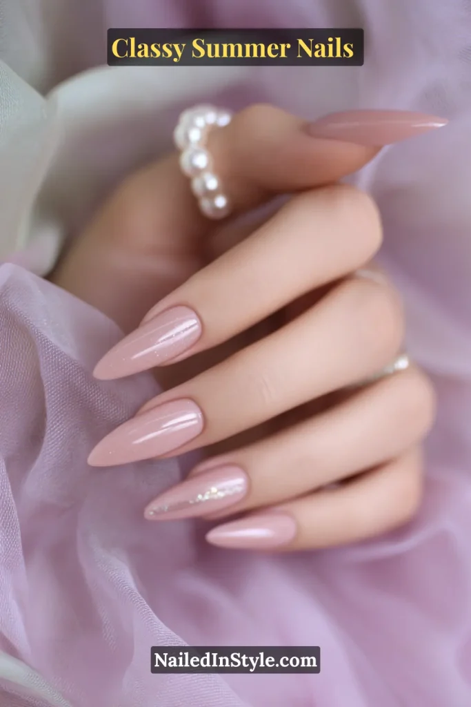 Classy Summer Nails Elegant almond-shaped nude pink nails with a glossy finish and delicate silver glitter accent, perfect for a chic summer manicure.