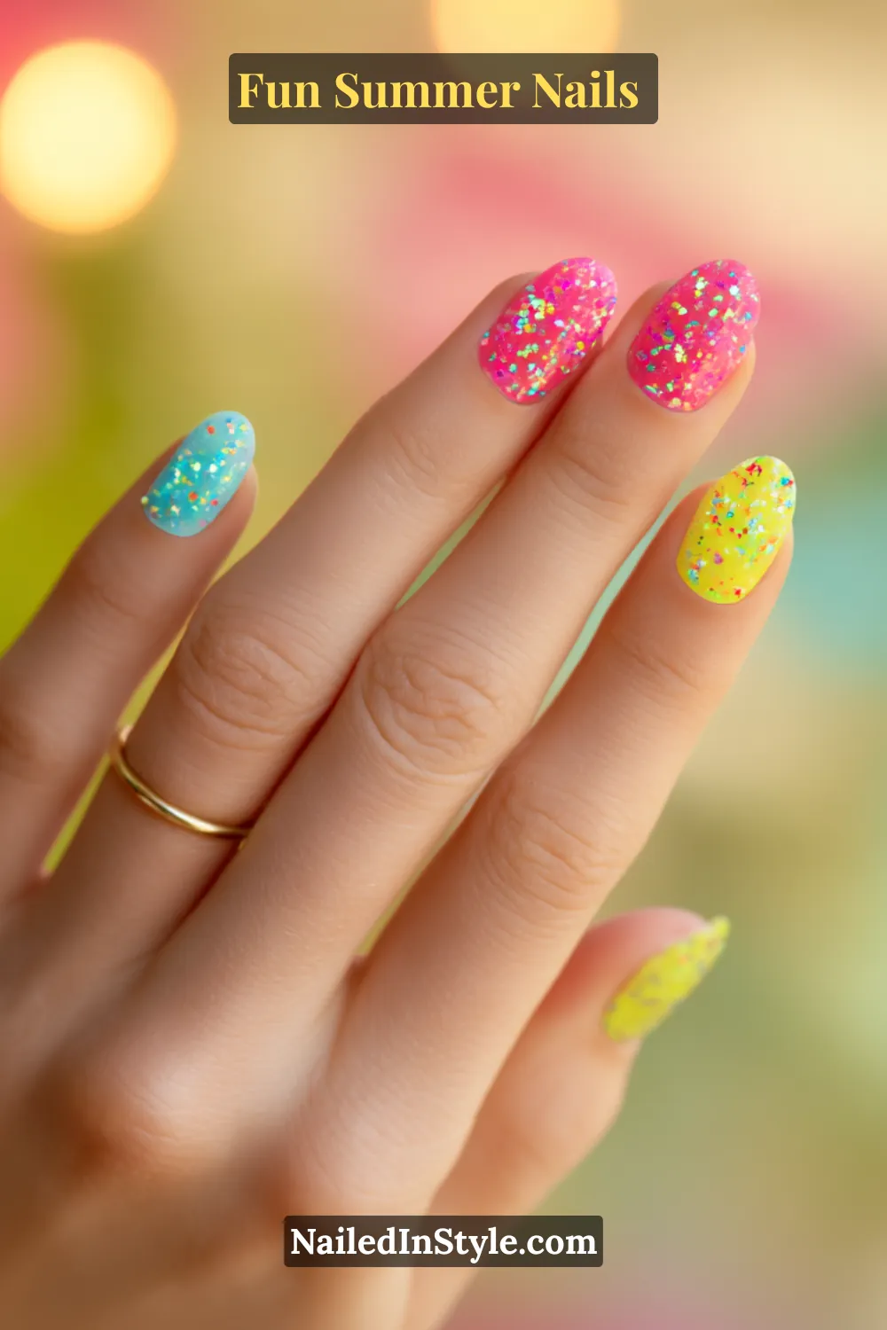Hand with colorful confetti glitter nails featuring bright pink, blue, and yellow bases topped with sparkling iridescent glitter.