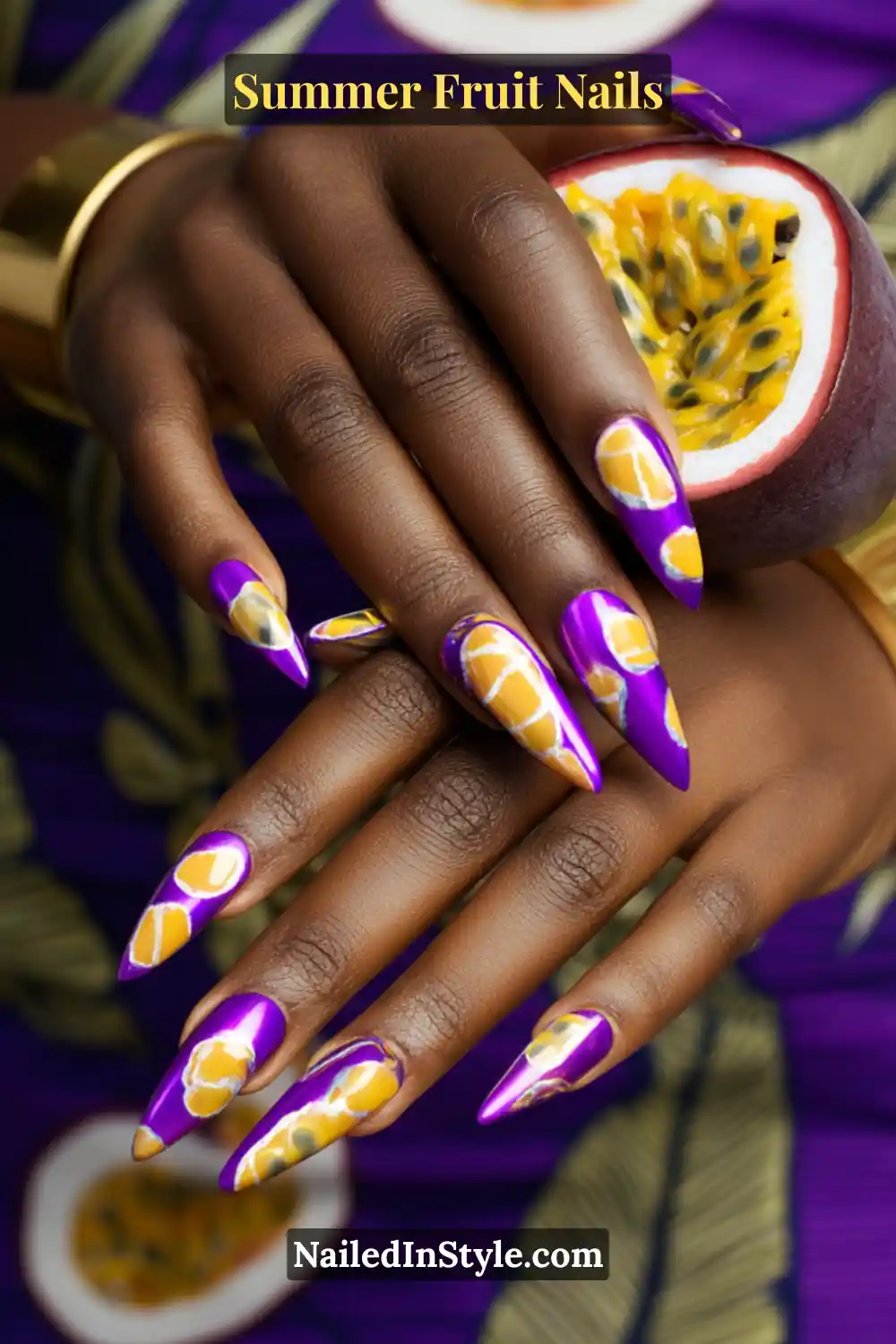 Long stiletto nails painted in vivid purple with yellow passionfruit slice designs.