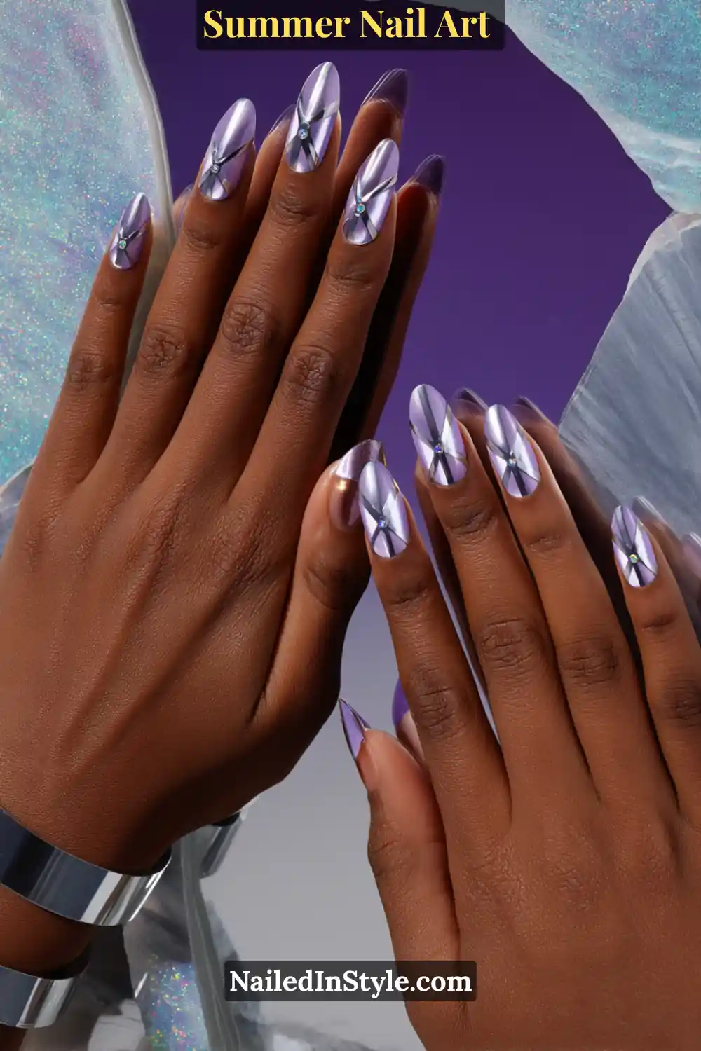 Gorgeous Summer Nail Art Ideas You’ll See Everywhere 11 Striking summer nail art on deep skin with lavender chrome finish, geometric folds, and gemstone accents for a bold, futuristic look.
