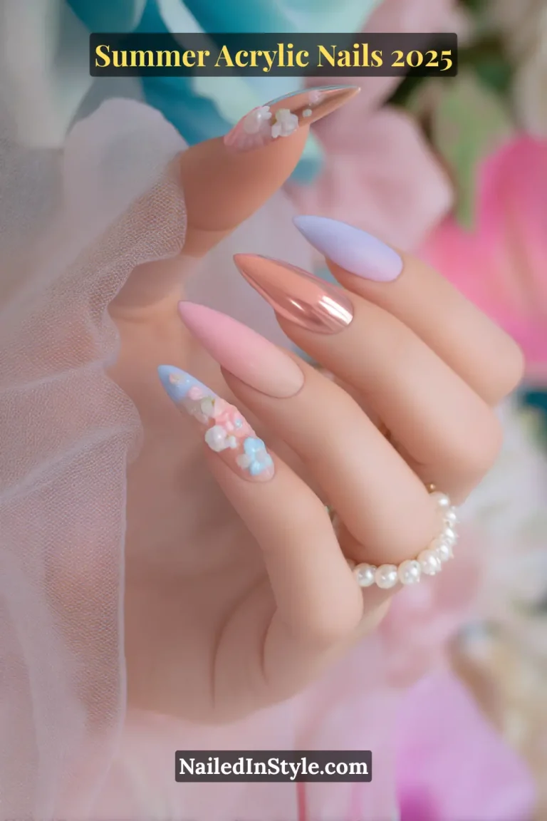Hand with almond-shaped acrylic nails in soft ombré shades of pink, blue, and peach featuring 3D floral decals and one rose gold chrome accent nail