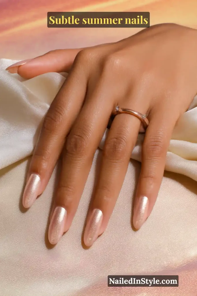 Almond-shaped nails in a sheer nude base with champagne chrome dust, creating a luminous rose-gold shimmer effect.