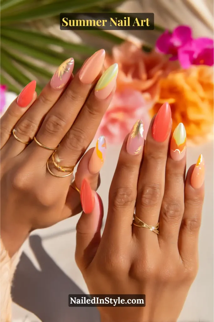 Colorful almond-shaped summer nails with coral, peach, and yellow accents, featuring tropical-inspired gold foil details.