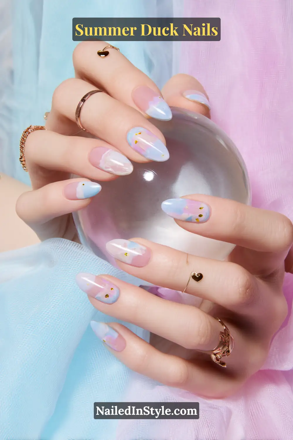 Cute Summer Duck Nails You’ll Want in 2026 5 Baby blue and pink glossy ombre nails with subtle golden duck accents.
