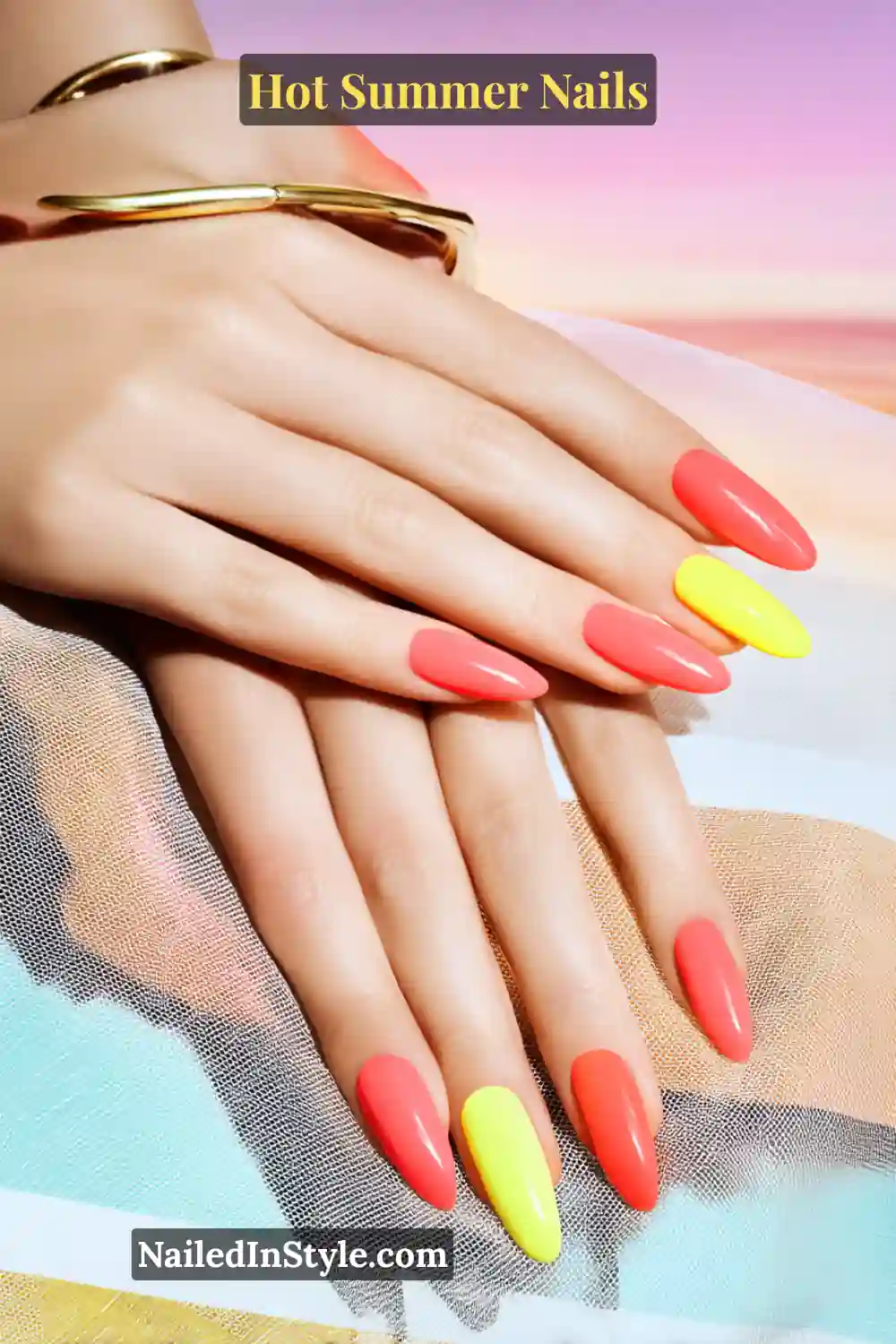 Hot Summer Nails 2025: Bold & Trendy Manicures 8 Close-up of coral and neon yellow summer nails on a light skin tone, designed to add playful warmth and vibrance.