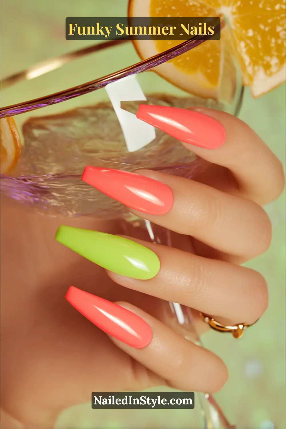 Close-up of long coffin-shaped nails on light skin, painted in glossy coral pink and lime green. The bright, contrasting shades enhance and flatter summer skin tones with a bold, fresh vibe.