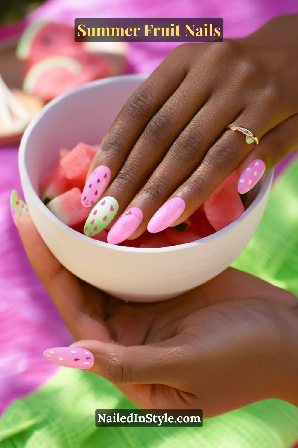 Playful pink, green, and white watermelon-inspired nails featuring seeds and soft gradients.