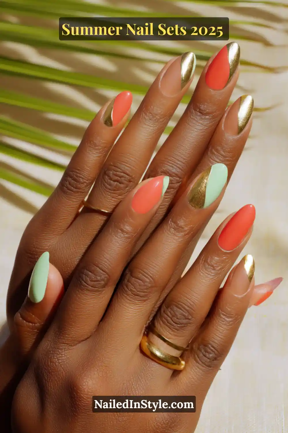 Stunning Summer Nail Sets You’ll Want This Season 16 Trendy summer nails in a bold mint and coral split-color design with gold line detailing on almond-shaped tips.
